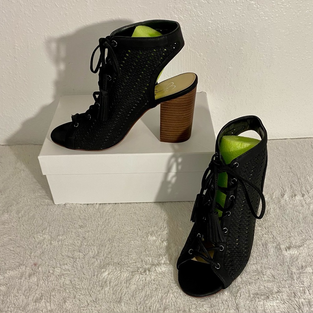 Jessica Simpson Tinnay Black Lace Up Peep Toe Sandals Size 8.5 M Vegan